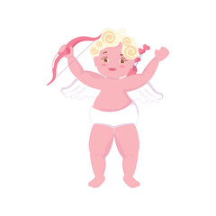 Obraz na płótnie Canvas Cute cupid baby holding a bow with arrows isolated on white background. Flat Art Vector illustration