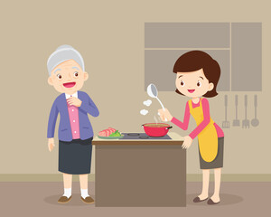 elderly woman looking to lovely woman cooking in kitchen