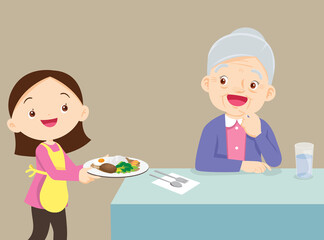 girl serving food to elderly woman