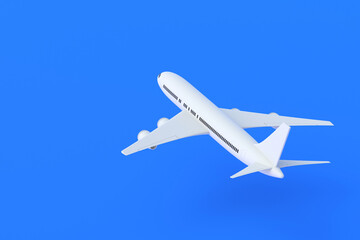 Modern passenger airplane on blue background. Charter flights. Air transportation. International airlines. Tourist travel on vacation. Copy space. 3d rendering