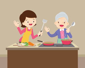 lovely grandmother and woman cooking in kitchen okay gesture