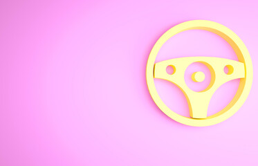 Yellow Steering wheel icon isolated on pink background. Car wheel icon. Minimalism concept. 3d illustration 3D render.