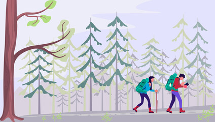 Man and woman with backpacks, travelers or explorers walking in coniferous forest. Concept of discovery, exploration, hiking, adventure tourism and travel. Flat vector illustration.