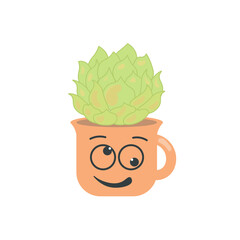 Succulent plant in mug with funny face print. Trendy home decor elements isolated on white background. Flat Art Vector illustration
