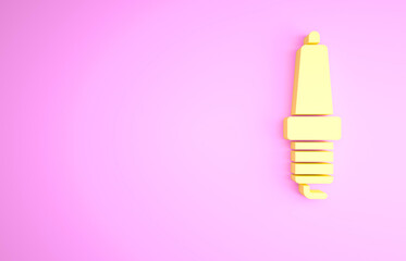 Yellow Car spark plug icon isolated on pink background. Car electric candle. Minimalism concept. 3d illustration 3D render.