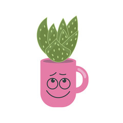 Succulent plant in mug with funny face print. Trendy home decor elements isolated on white background. Flat Art Vector illustration