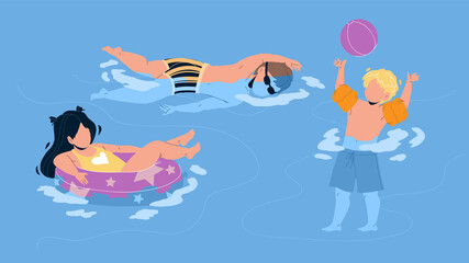 Kids Swimming And Playing In Waterpool Vector