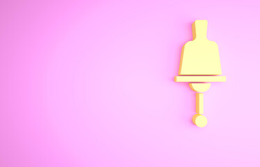 Yellow Ringing bell icon isolated on pink background. Alarm symbol, service bell, handbell sign, notification symbol. Minimalism concept. 3d illustration 3D render.