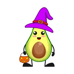 vector illustration of cute avocado fruit halloween or character witch pumpkin. cute avocado fruit Concept White Isolated. Flat Cartoon Style Suitable for Landing Page, Banner, Flyer, Sticker.
