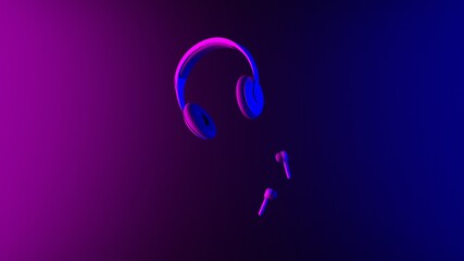 Wireless headphones and earphones on an abstract light effect purple and blue wallpaper 3D render. Horizontal illustration background.