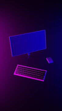Computer, screen, mouse, keyboard on an abstract light effect purple and blue wallpaper 3D render. Vertical illustration background.