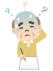 困った表情で書類に記入するシニア男性