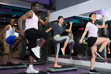 Group of sporty people working out with steppers in fitness center