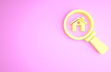 Yellow Search house icon isolated on pink background. Real estate symbol of a house under magnifying glass. Minimalism concept. 3d illustration 3D render.