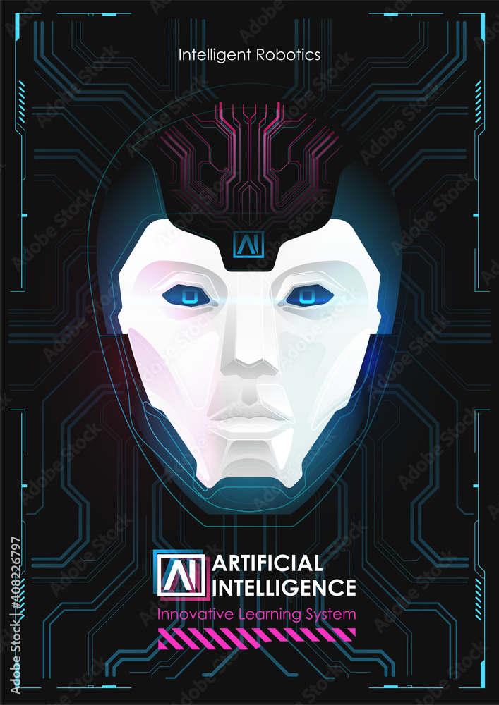 Poster robot with artificial intelligence working with virtual interface. big data. ai concept. robot face.