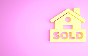 Yellow Hanging sign with text Sold icon isolated on pink background. Sold sticker. Sold signboard. Minimalism concept. 3d illustration 3D render.
