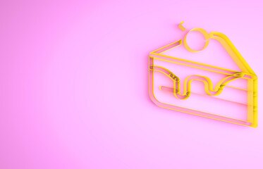Yellow Piece of cake icon isolated on pink background. Happy Birthday. Minimalism concept. 3d illustration 3D render.