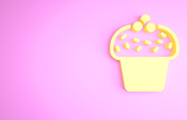 Yellow Cake icon isolated on pink background. Happy Birthday. Minimalism concept. 3d illustration 3D render.