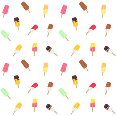 Colorful ice cream, popsicle on a white background. Summer food and dessert. Vector seamless pattern for ice cream shop, sweet shop, cafe, wrapping paper, packaging, wrapper, printing on textile, menu