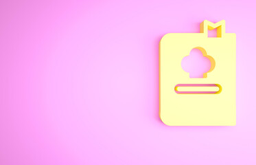Yellow Cookbook icon isolated on pink background. Cooking book icon. Recipe book. Fork and knife icons. Cutlery symbol. Minimalism concept. 3d illustration 3D render.
