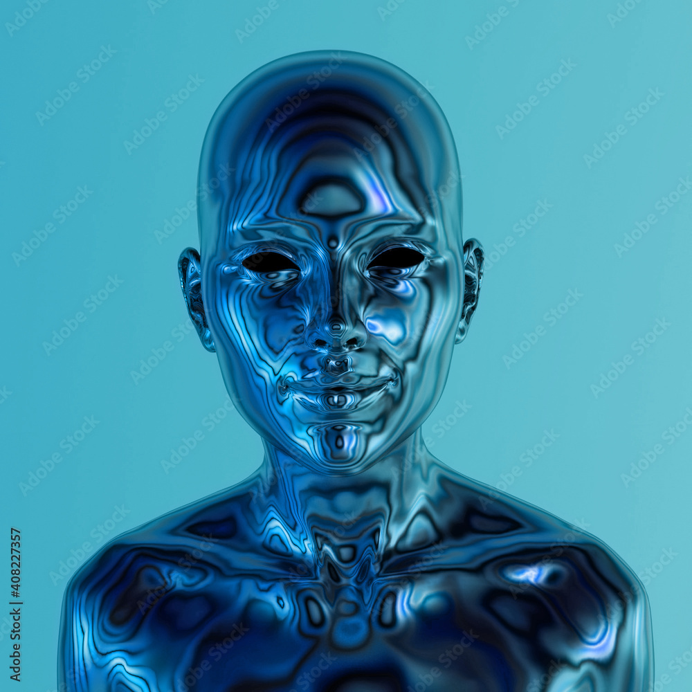 Poster Robot or Artificial Human made of iridescent plastic material in neon lights. 3d rendering illustration in sci-fi futuristic style.