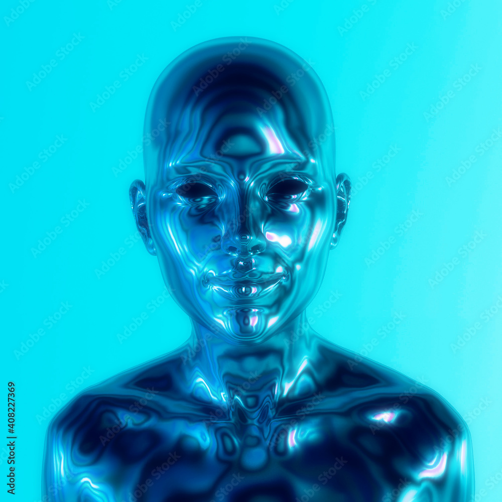 Poster robot or artificial human made of iridescent plastic material in neon lights. 3d rendering illustrat