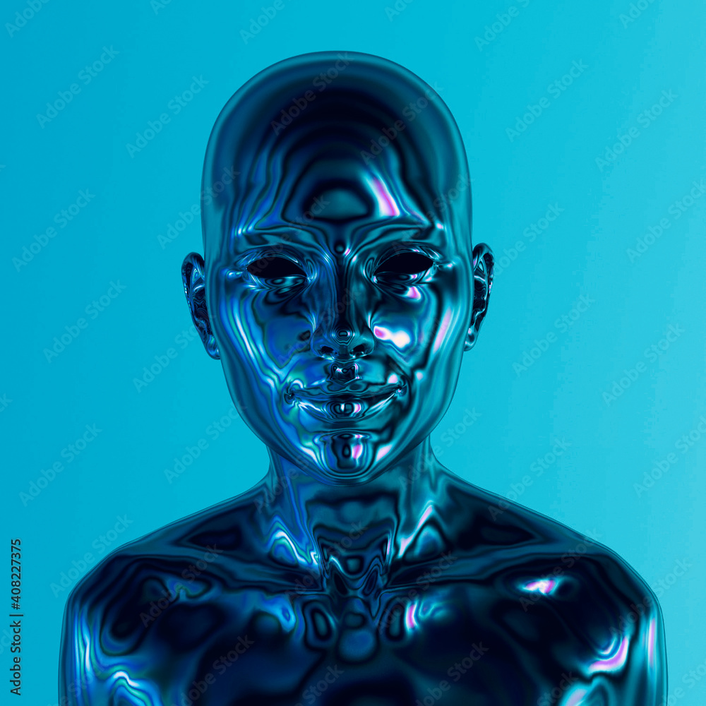 Poster Robot or Artificial Human made of iridescent plastic material in neon lights. 3d rendering illustration in sci-fi futuristic style.