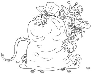 Spiteful and greedy of gain old rat king with a shabby tail, grinning and hugging a big bag of coins, black and white outline vector cartoon illustration for a coloring book page