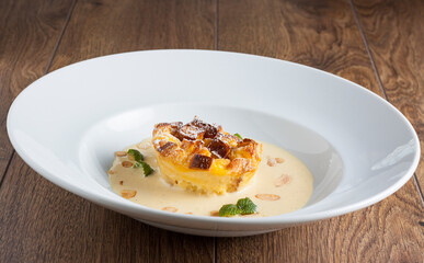 Cake pudding with vanilla sauce