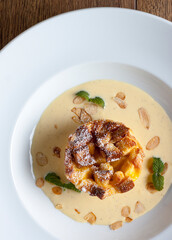 Cake pudding with vanilla sauce