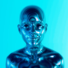 Robot or Artificial Human made of iridescent plastic material in neon lights. 3d rendering illustration in sci-fi futuristic style.