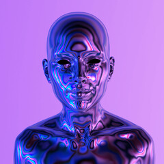 Fototapeta Robot or Artificial Human made of iridescent plastic material in neon lights. 3d rendering illustration in sci-fi futuristic style. obraz