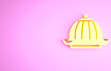 Yellow Pudding custard with caramel glaze icon isolated on pink background. Minimalism concept. 3d illustration 3D render.