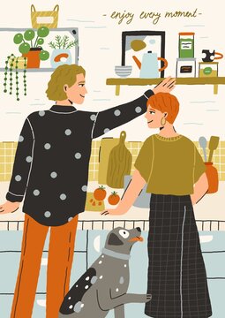 Scene of couple in love cooking together. Happy young man and woman in romantic relationships in kitchen. Lovers enjoying the moment. Hand-drawn vertical postcard. Colorful flat vector illustration