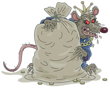 Spiteful and greedy of gain old rat king with a shabby tail, grinning and hugging a big bag of gold coins, vector cartoon illustration on a white background