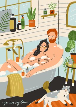 Couple in love taking bath together. Happy young man and woman in romantic relationships relaxing in bathroom. Lovers in bathtub. Hand-drawn vertical postcard. Colorful flat vector illustration
