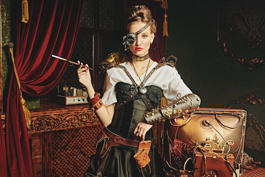 model in steampunk costume