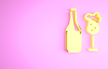 Yellow Beer bottle and glass icon isolated on pink background. Alcohol Drink symbol. Minimalism concept. 3d illustration 3D render.