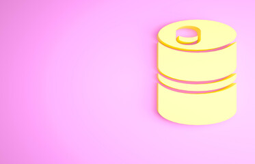 Yellow Metal beer keg icon isolated on pink background. Minimalism concept. 3d illustration 3D render.