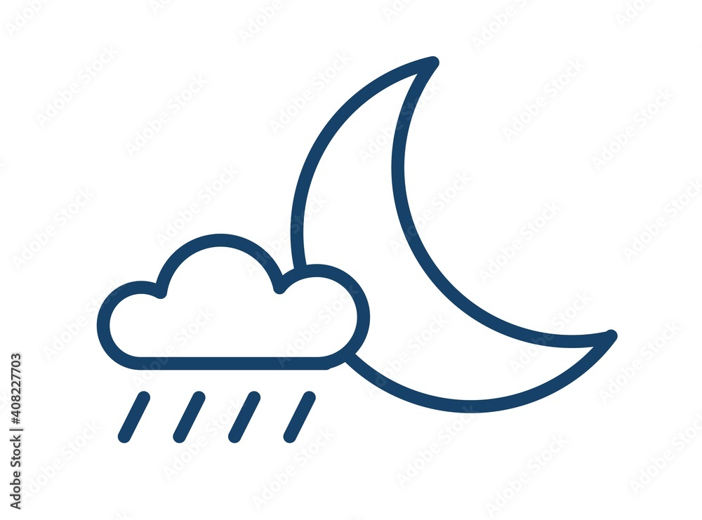 Poster simple icon of rainy weather at night time. half moon and rain cloud with drops. symbol of precipita