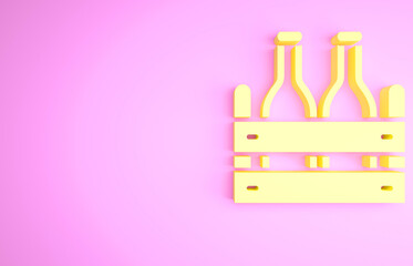 Yellow Pack of beer bottles icon isolated on pink background. Wooden box and beer bottles. Case crate beer box sign. Minimalism concept. 3d illustration 3D render.
