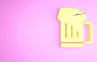 Yellow Wooden beer mug icon isolated on pink background. Minimalism concept. 3d illustration 3D render.