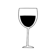 glass of wine icon, sticker. sketch hand drawn doodle style. monochrome minimalism. drink, alcohol, menu.