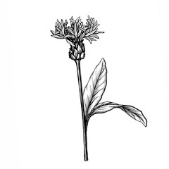 Close up of mountain blue cornflower flower. (Centaurea montana, bachelor's button, montane knapweed). Black and white outline illustration, hand drawn work. Isolated on white background. - obrazy, fototapety, plakaty