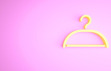 Yellow Hanger wardrobe icon isolated on pink background. Cloakroom icon. Clothes service symbol. Laundry hanger sign. Minimalism concept. 3d illustration 3D render.