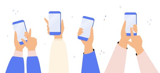 People hands holding templates of smartphones with empty screens. Social media, online payment concept. Vector illustration