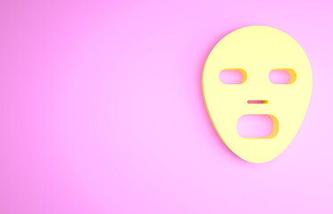 Yellow Facial cosmetic mask icon isolated on pink background. Cosmetology, medicine and health care. Minimalism concept. 3d illustration 3D render.
