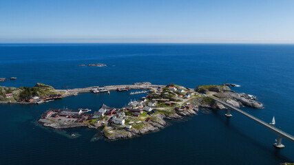 Aerial view on the Lofoten islands, Norway. Scenic road bridges connecting islands on Lofoten. Aerial landscape from the air.