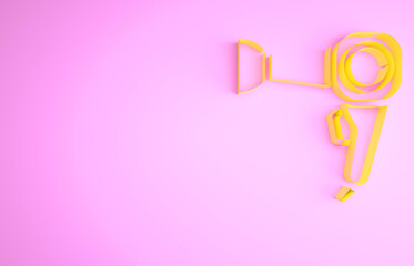 Yellow Hair dryer icon isolated on pink background. Hairdryer sign. Hair drying symbol. Blowing hot air. Minimalism concept. 3d illustration 3D render.