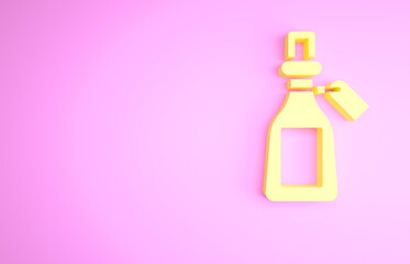 Yellow Essential oil bottle icon isolated on pink background. Organic aromatherapy essence. Skin care serum glass drop package. Minimalism concept. 3d illustration 3D render.